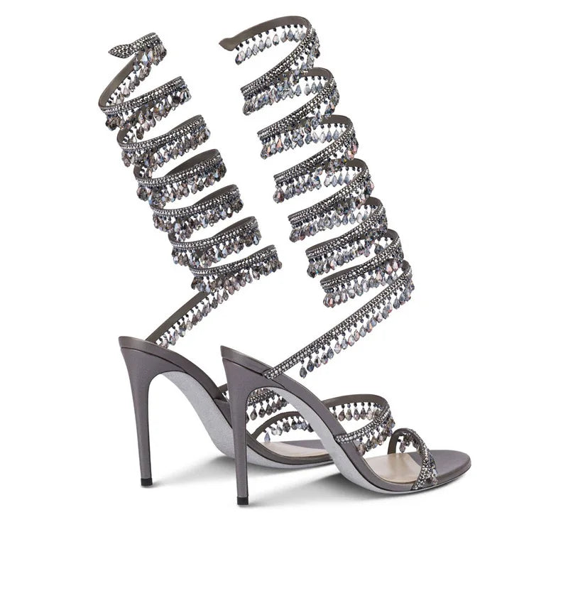 2025 Women's New Rhinestone Sandals Fashion Tassel Crystal Shoes Sexy Nightclub Banquet Party Twining Stiletto Women's Sandals