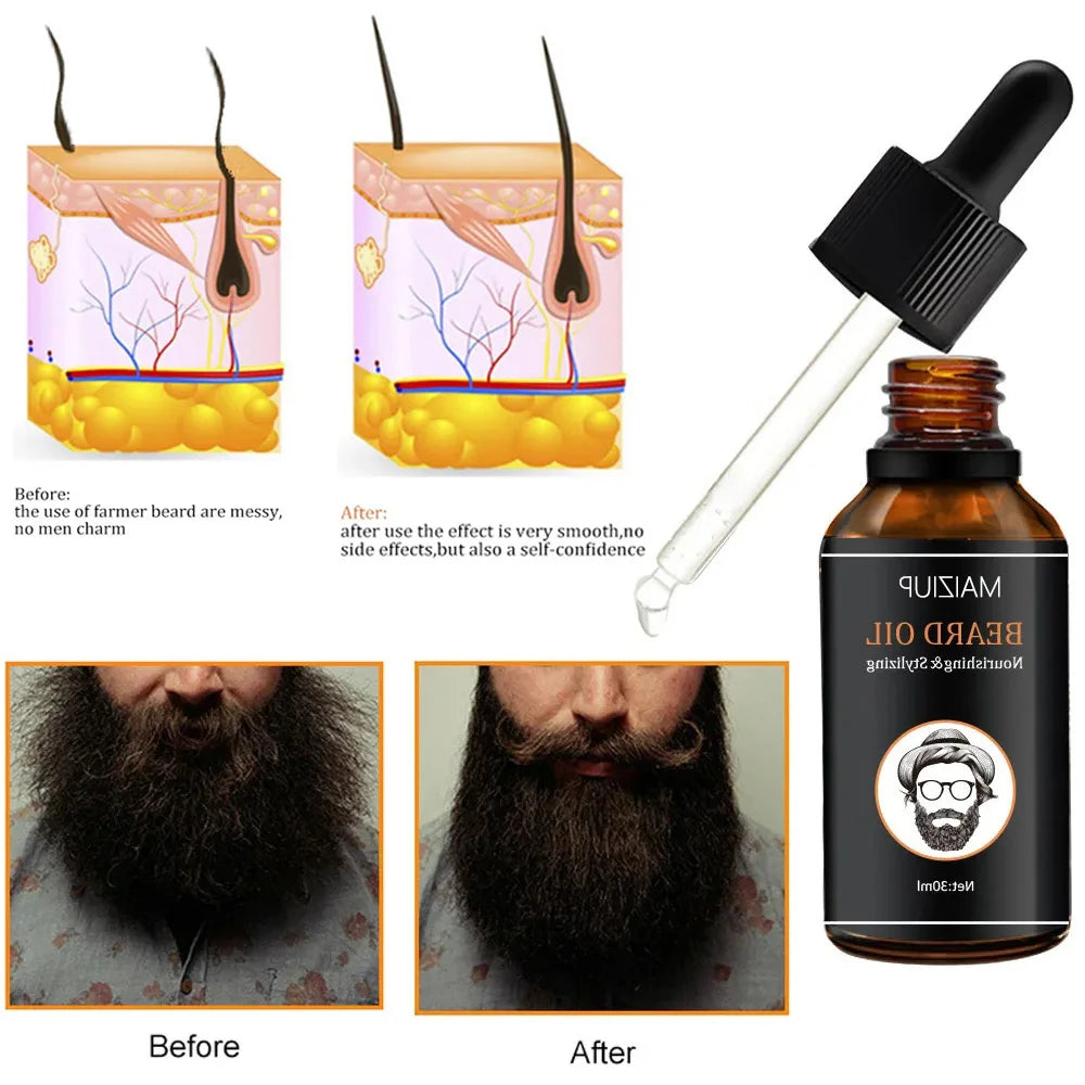 MAIZIUP Beard Growth Kit 30ml Beard Essential Oil for Men Facial Hair Growth Enhancer Thicker Oil With Beard growth Roller