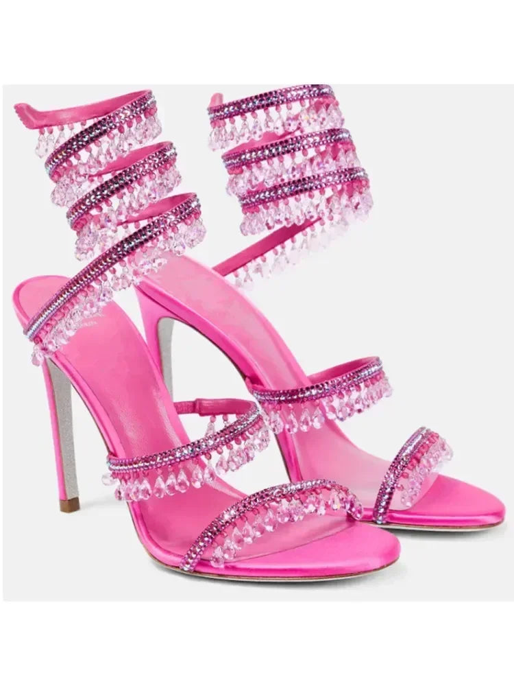 2025 Women's New Rhinestone Sandals Fashion Tassel Crystal Shoes Sexy Nightclub Banquet Party Twining Stiletto Women's Sandals