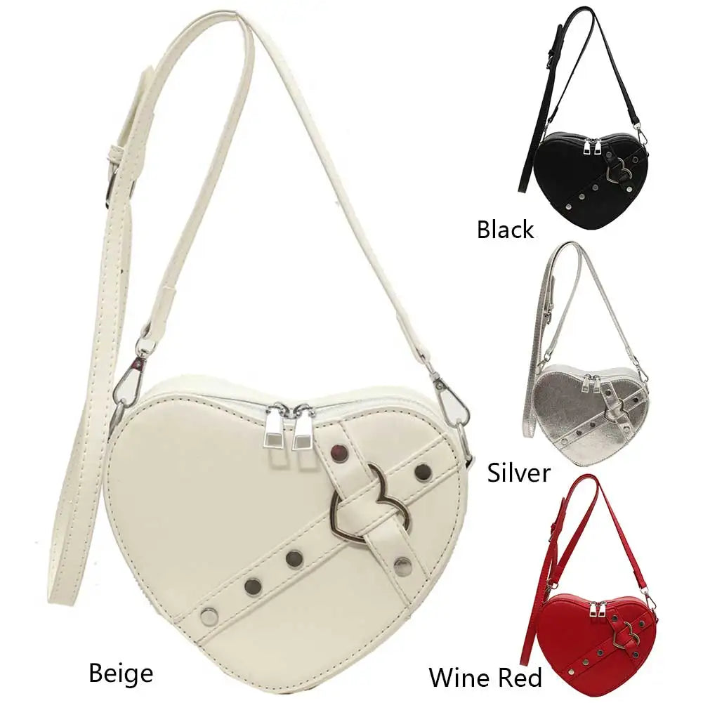 Vintage Y2K Small Chain Rivet Shoulder Bag Heart Shaped Purse Handbag Red PU Leather Gothic Tote Bag Fashion Women Crossbody Bag
