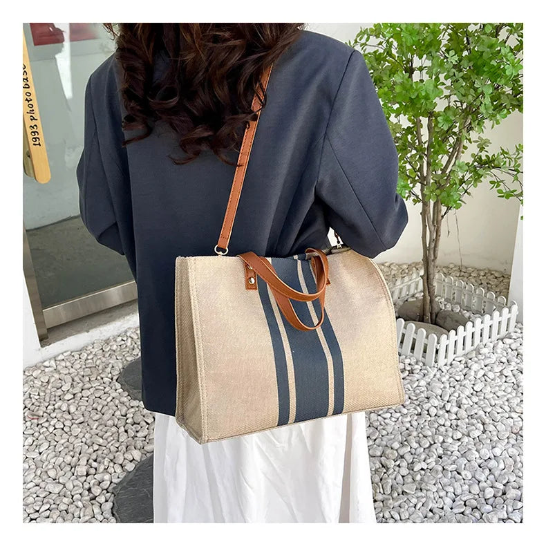 Simple Canvas Stripe Decor Bucket Handbags Women Top Handle Tote Bag Large Capacity Casual Shoulder Crossbody Bags