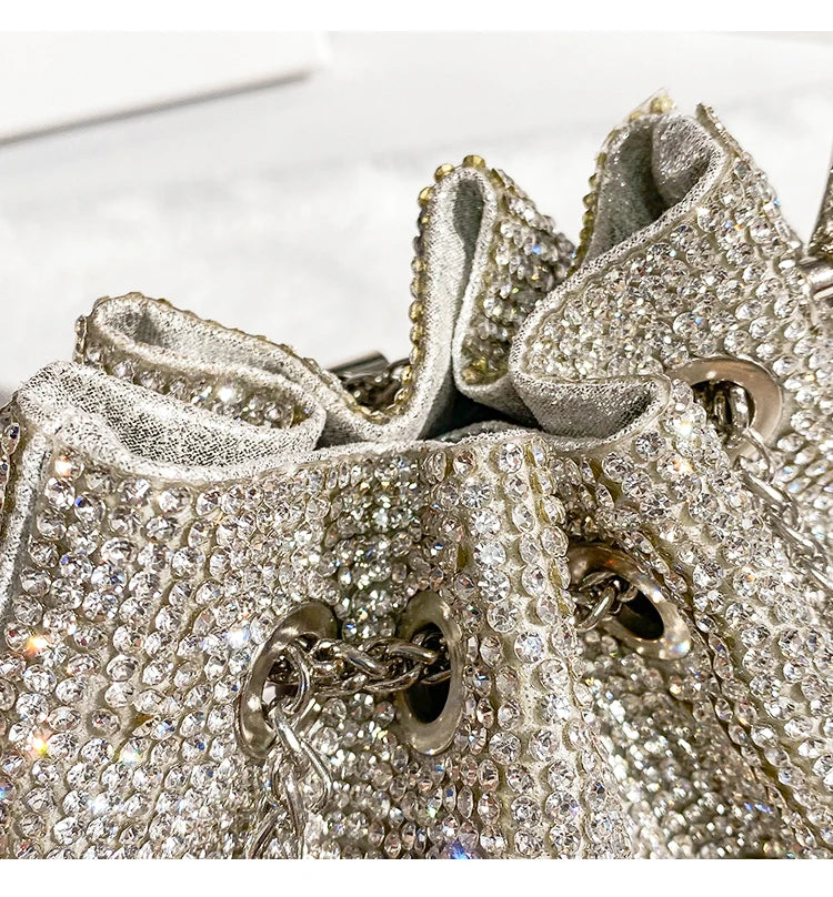 Rhinestones Diamond Evening Clutch Bag Luxury Designer Metal Ring Women's Handbag Wedding Party Bling Bucket Purse Shoulder Bag