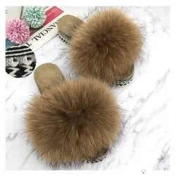 SARSALLYA Fur Slippers Women Real Fox Fur Slides Home Furry Flat Sandals Female Cute Fluffy House Shoes Woman Brand Luxury 2024