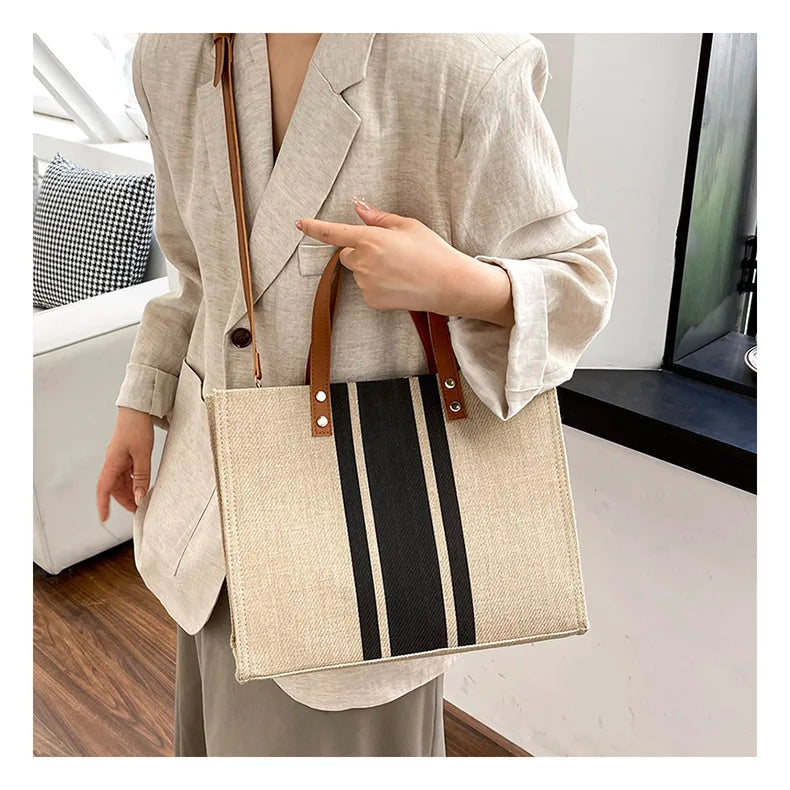 Simple Canvas Stripe Decor Bucket Handbags Women Top Handle Tote Bag Large Capacity Casual Shoulder Crossbody Bags