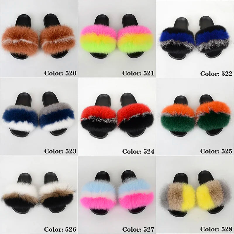 SARSALLYA Fur Slippers Women Real Fox Fur Slides Home Furry Flat Sandals Female Cute Fluffy House Shoes Woman Brand Luxury 2024