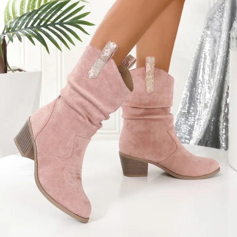 Square Heel Spring/autumn Modern Boots Mid-calf Round Toe Shoes Female 2024 High Quality Mid Heel Embroider Women's Boots
