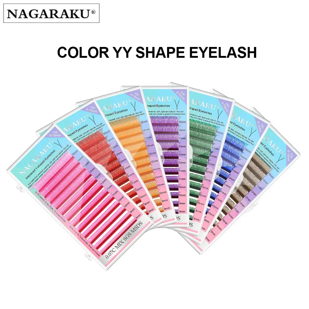 NAGARAKU Color YY Shape Hand Woven Premium Synthetic Mink Eyelashes Pink Red Blue Purple Green Soft Natural Meshy Net Cross