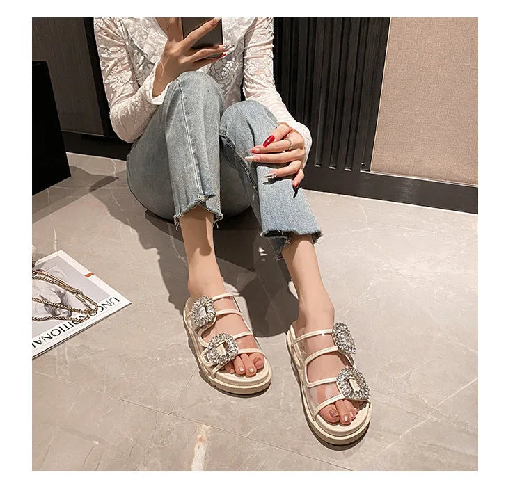 pearl rivets thick bottom women slippers crystal beading flip flops lace band platform sandalias mujer pearl slides big size 43