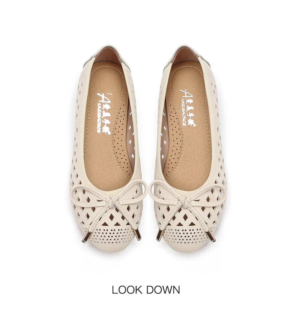 Summer Slip-on Shoes Flat Hollow Comfortable Woman Shoes Genuine Leather Soft Bottom White Breathable Mule Women's Moccasins 41