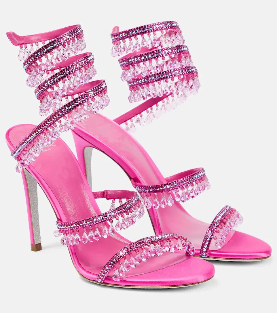 2025 Women's New Rhinestone Sandals Fashion Tassel Crystal Shoes Sexy Nightclub Banquet Party Twining Stiletto Women's Sandals