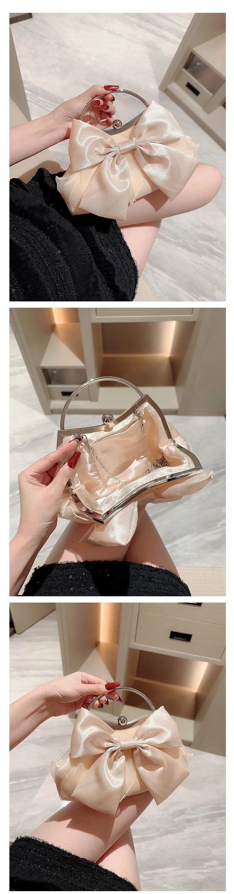 White Satin Bow Fairy Evening Bags Clutch Metal Handle Handbags for Women Wedding Party Bridal Clutches Purse Chain Shoulder Bag
