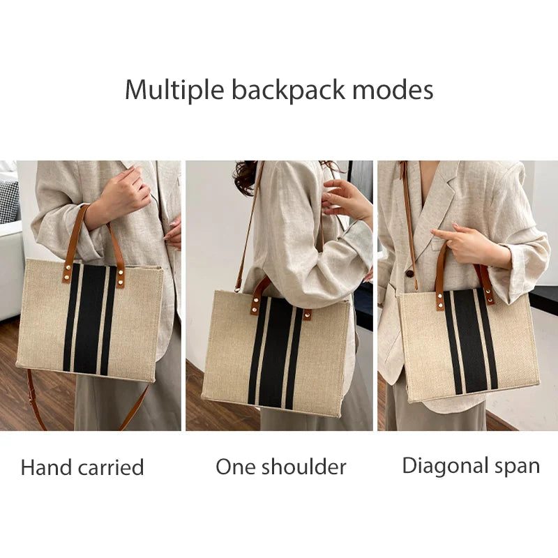 Simple Canvas Stripe Decor Bucket Handbags Women Top Handle Tote Bag Large Capacity Casual Shoulder Crossbody Bags