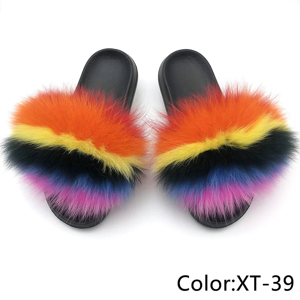 SARSALLYA Fur Slippers Women Real Fox Fur Slides Home Furry Flat Sandals Female Cute Fluffy House Shoes Woman Brand Luxury 2024