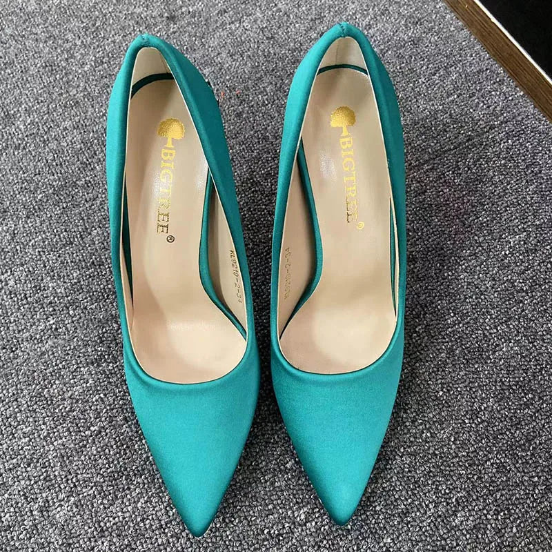 Woman 10cm High Heels Metal Heels Satin Silk Dress Fashion Pumps Lady Wedding Bridal Scarpin Catwalk Orange Green Wine Red Shoes