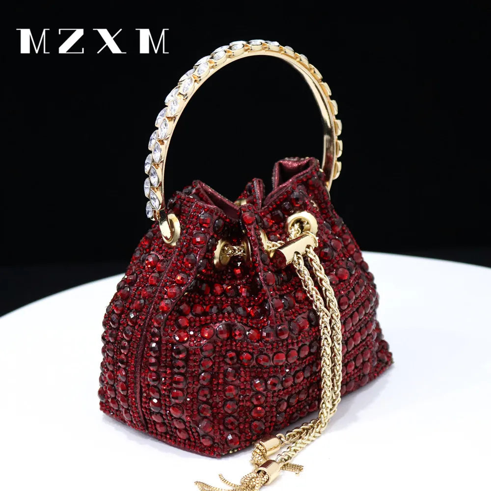 Rhinestones Women Evening Bags Bucket Design Party Day Clutch Soft Mixed Color Handle Design Handbags Purse Mature