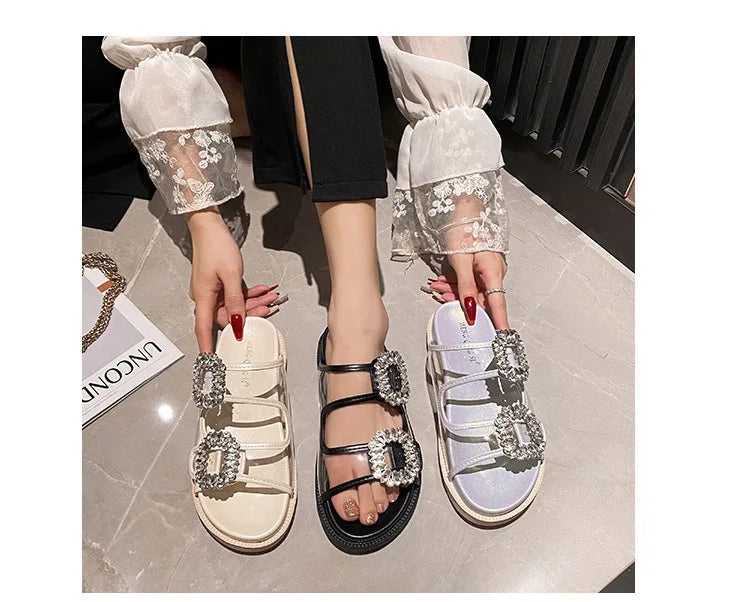 pearl rivets thick bottom women slippers crystal beading flip flops lace band platform sandalias mujer pearl slides big size 43