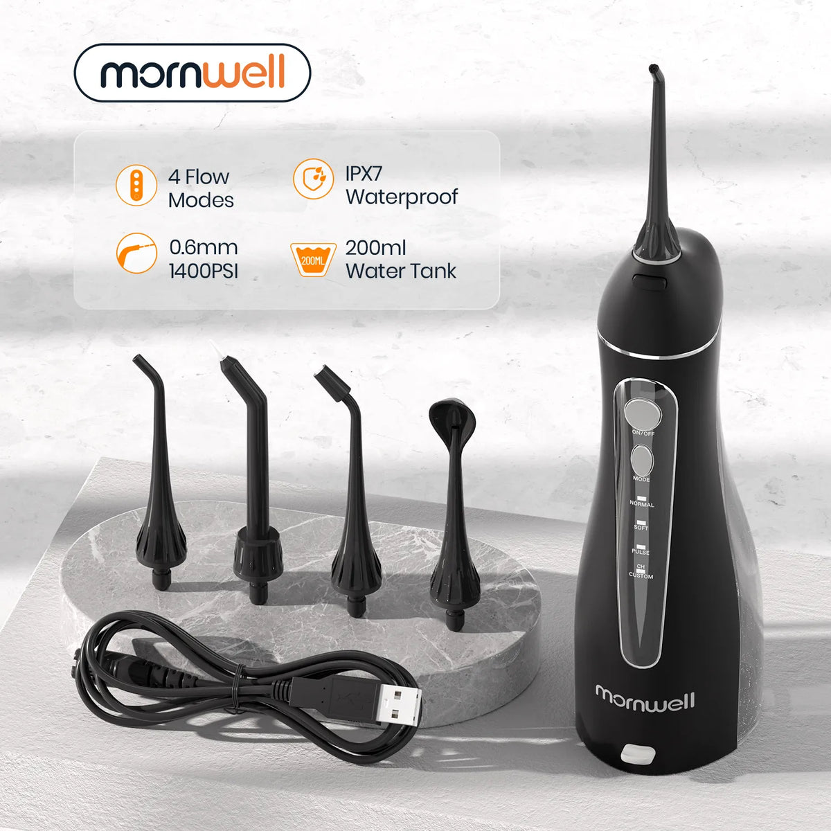 Mornwell F18 Portable Oral Irrigator With Travel Bag Water Flosser Rechargeable 5 Nozzles Water Jet 200ml Water Tank Waterproof