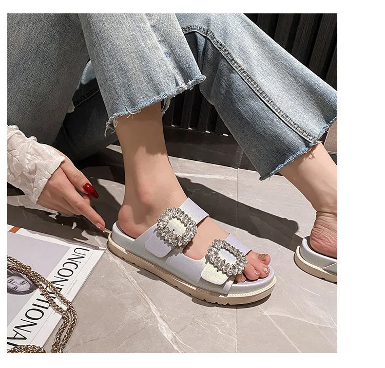 pearl rivets thick bottom women slippers crystal beading flip flops lace band platform sandalias mujer pearl slides big size 43