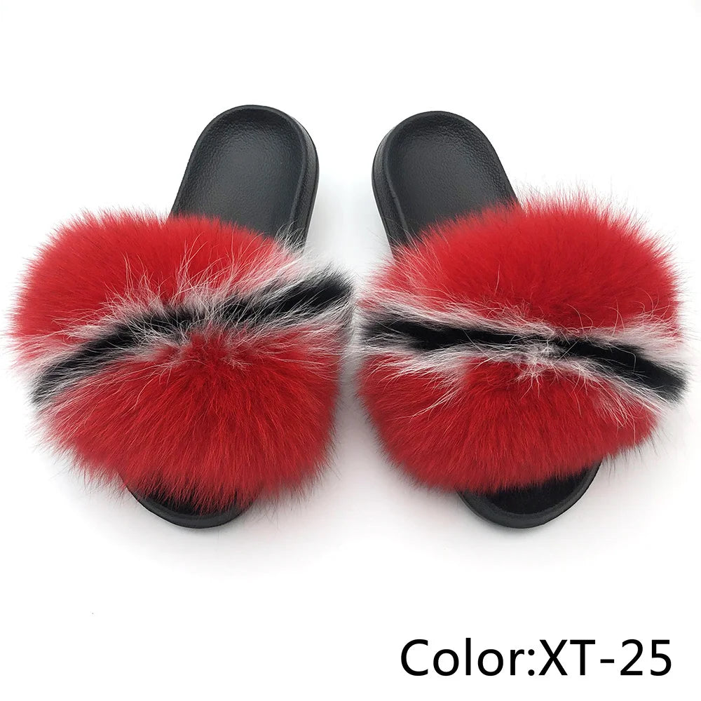 SARSALLYA Fur Slippers Women Real Fox Fur Slides Home Furry Flat Sandals Female Cute Fluffy House Shoes Woman Brand Luxury 2024
