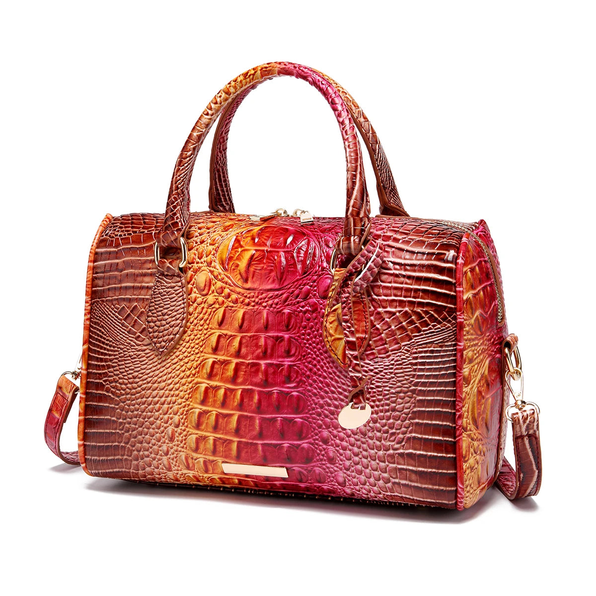 Ombre Crocodile Embossed Boston Handbag Classic Style Crossbody Bag Women's Leather Satchel Purse