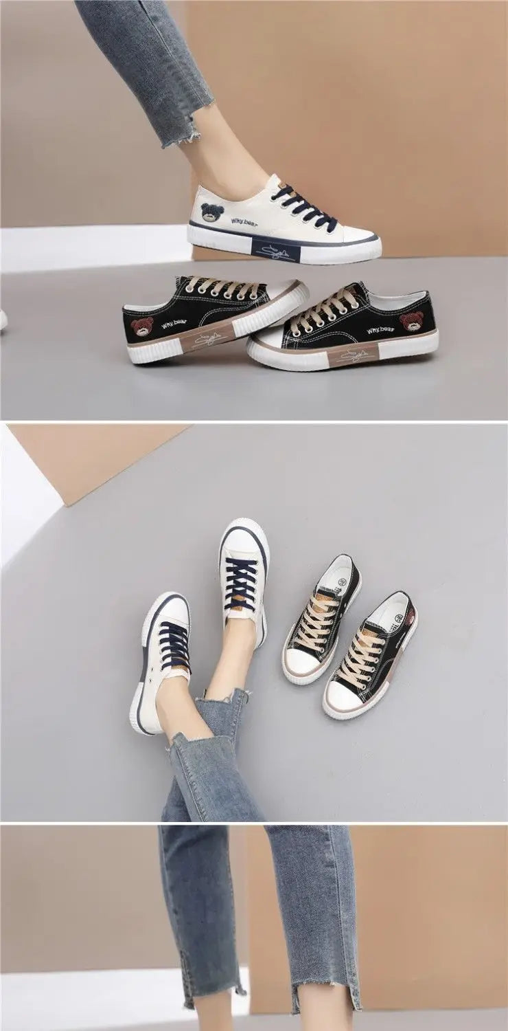 Comemore High-top Canvas Woman Vulcanized Shoes Flats Casual Espadrilles for Women Spring Lady Black White Bear Lace Up Sneakers