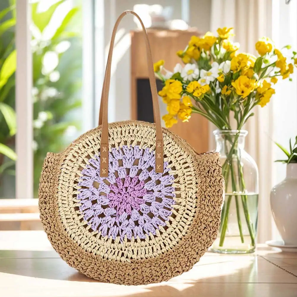 Round Casual Tote Bag with Zipper Closure Vacation Bag Trendy Large Woven Beach Bag Holiday Travel Handbag for Women and Girls
