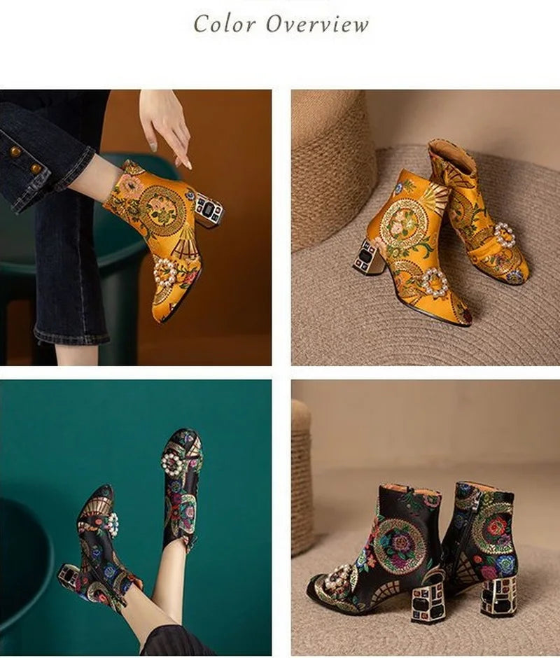 FHC New Chinese Style Women Ankle Boots,Fashion Embroidery Winter Shoes,High Heels Short Botas,Pointed Toe,Black,Yellow,Dropship