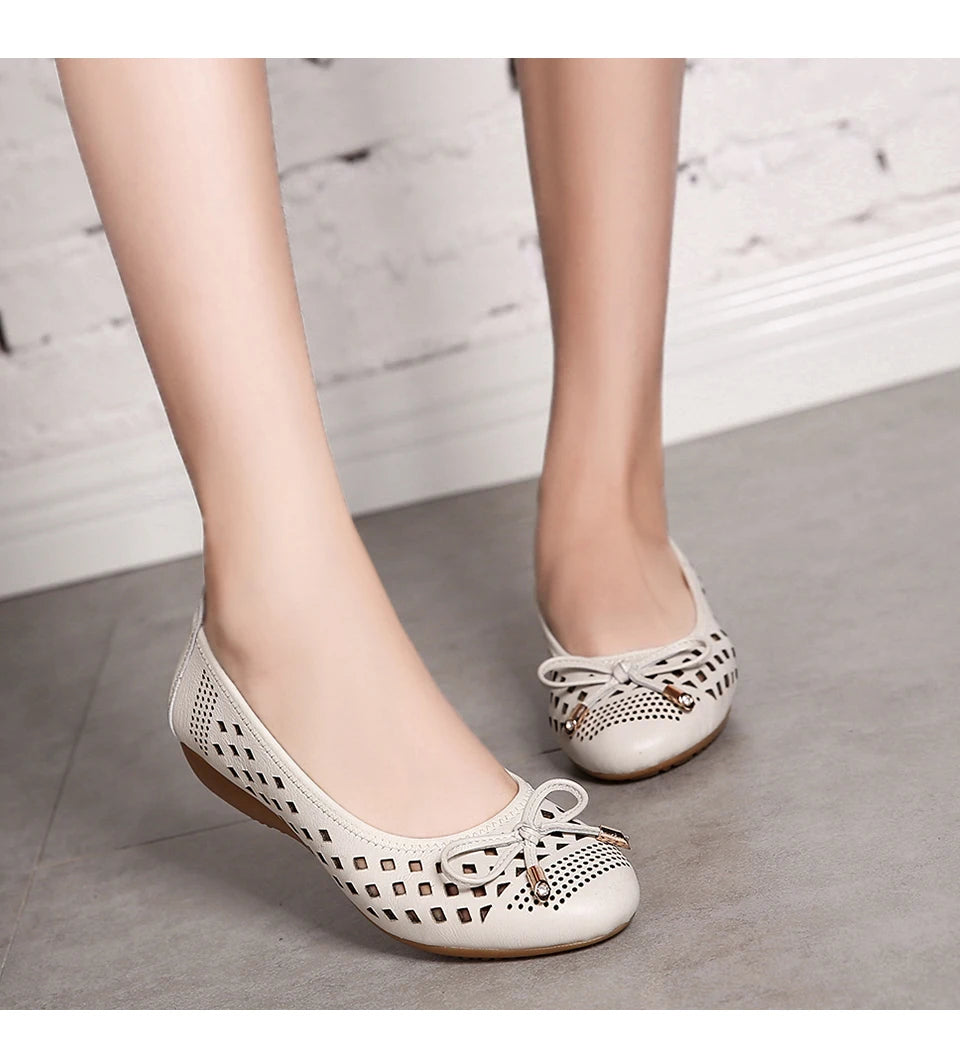 Summer Slip-on Shoes Flat Hollow Comfortable Woman Shoes Genuine Leather Soft Bottom White Breathable Mule Women's Moccasins 41