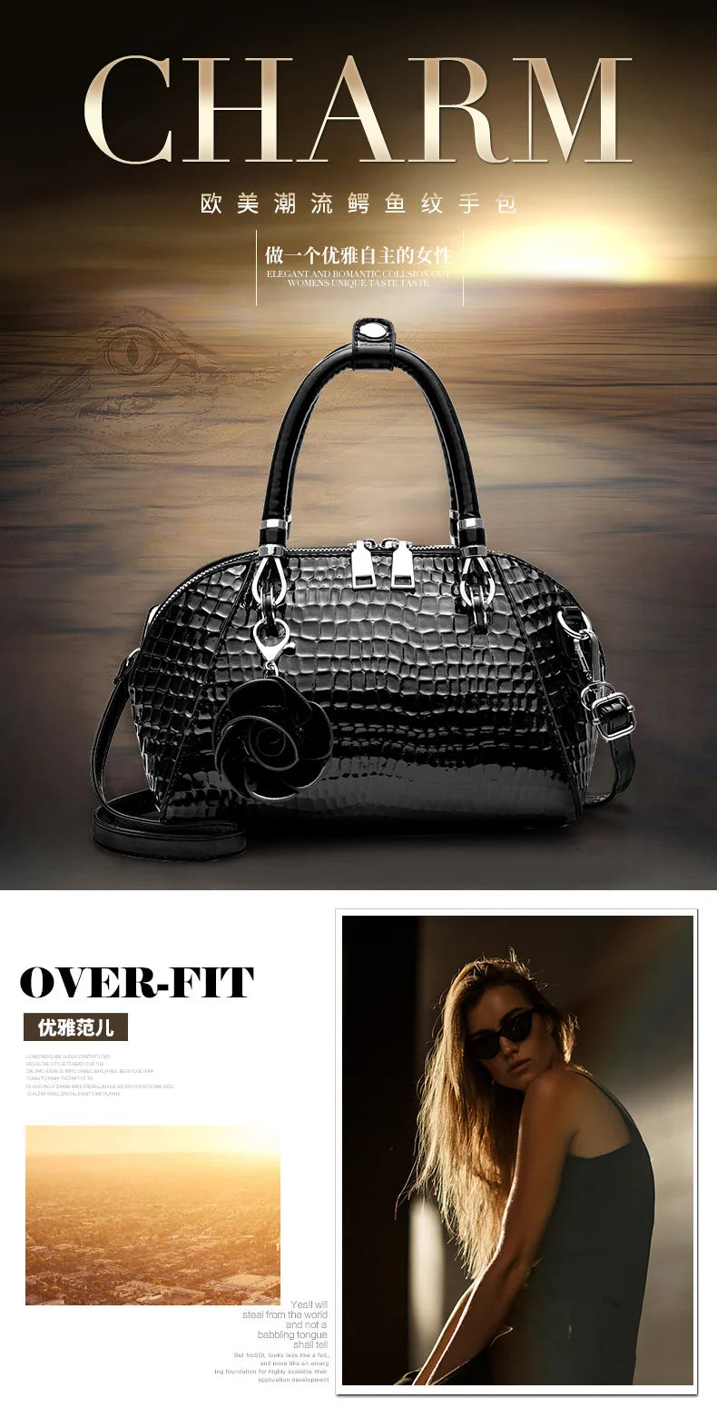 European / American Style Fashion Handbag Yellow Crocodile Pattern Women Tote Bag Ladies Small Shell Messenger Shoulder Bags sac