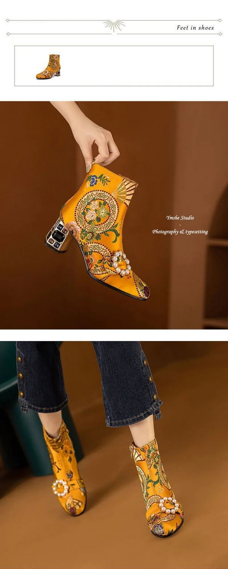 FHC New Chinese Style Women Ankle Boots,Fashion Embroidery Winter Shoes,High Heels Short Botas,Pointed Toe,Black,Yellow,Dropship