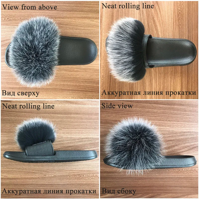 SARSALLYA Fur Slippers Women Real Fox Fur Slides Home Furry Flat Sandals Female Cute Fluffy House Shoes Woman Brand Luxury 2024
