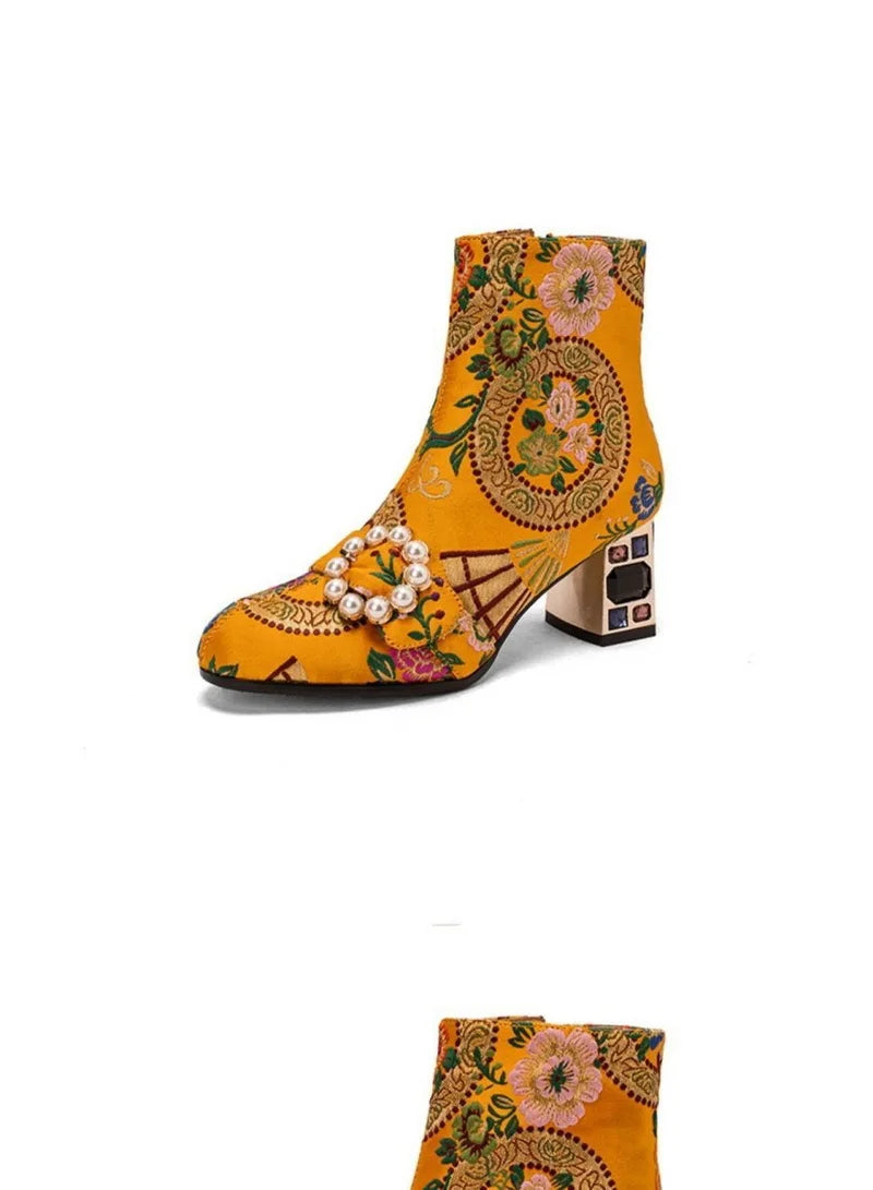 FHC New Chinese Style Women Ankle Boots,Fashion Embroidery Winter Shoes,High Heels Short Botas,Pointed Toe,Black,Yellow,Dropship