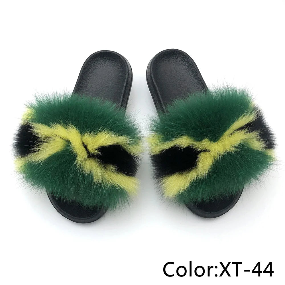 SARSALLYA Fur Slippers Women Real Fox Fur Slides Home Furry Flat Sandals Female Cute Fluffy House Shoes Woman Brand Luxury 2024