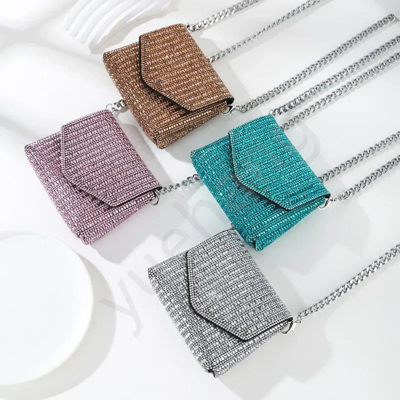 Female Bling Chain Crossbody Bag Ladies Mini Rhinestone Small Envelop Shoulder Purse Full Diamond Messenger Evening Bag