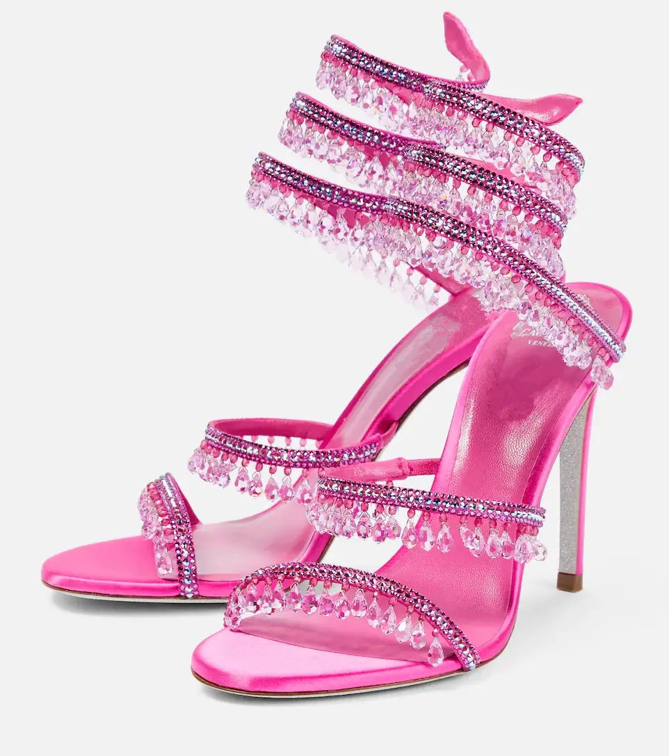 2025 Women's New Rhinestone Sandals Fashion Tassel Crystal Shoes Sexy Nightclub Banquet Party Twining Stiletto Women's Sandals