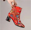 FHC New Chinese Style Women Ankle Boots,Fashion Embroidery Winter Shoes,High Heels Short Botas,Pointed Toe,Black,Yellow,Dropship