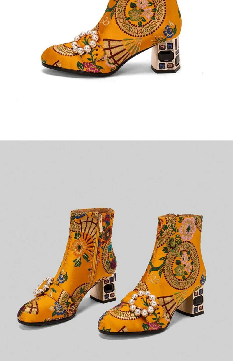 FHC New Chinese Style Women Ankle Boots,Fashion Embroidery Winter Shoes,High Heels Short Botas,Pointed Toe,Black,Yellow,Dropship