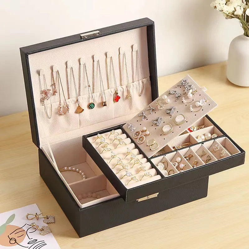 Two-Layer Leather Jewelry Box Organizer