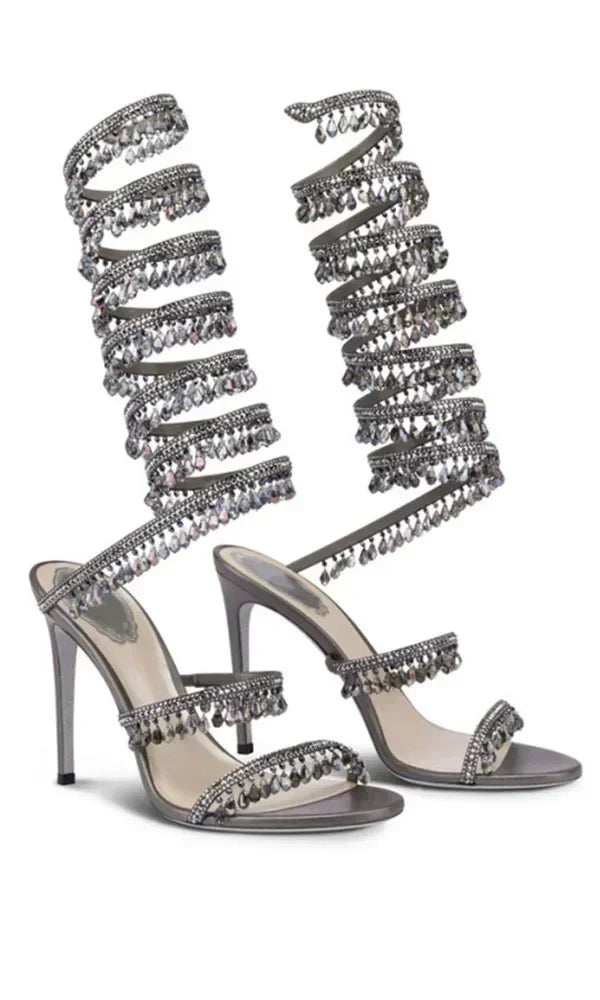 2025 Women's New Rhinestone Sandals Fashion Tassel Crystal Shoes Sexy Nightclub Banquet Party Twining Stiletto Women's Sandals