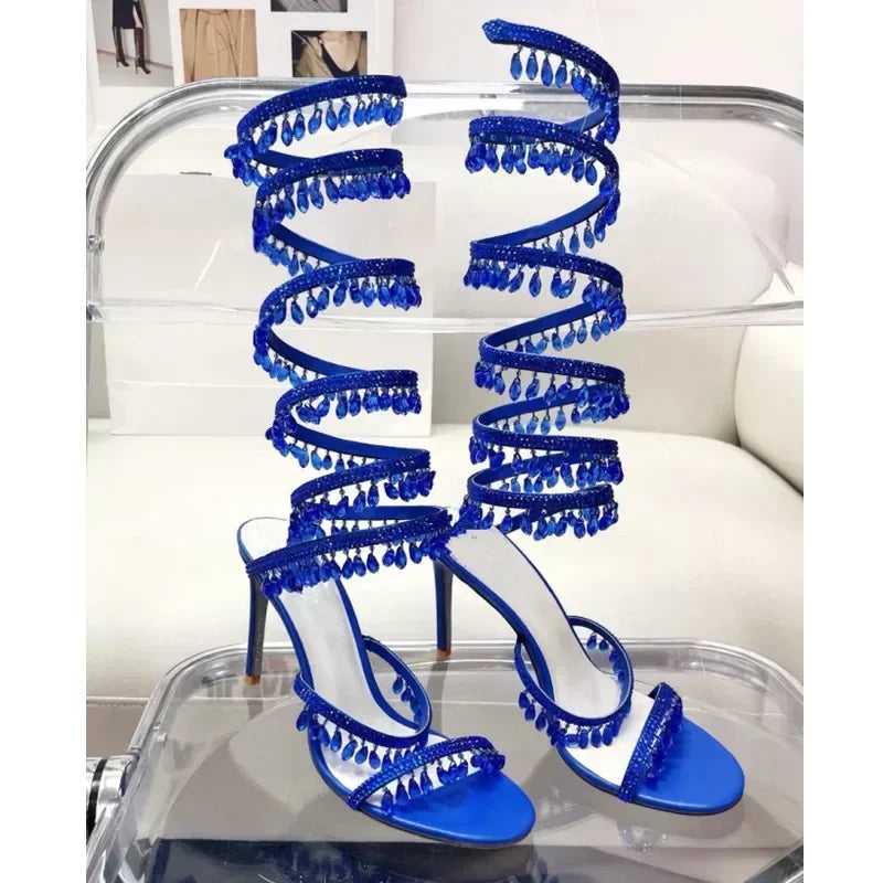2025 Women's New Rhinestone Sandals Fashion Tassel Crystal Shoes Sexy Nightclub Banquet Party Twining Stiletto Women's Sandals