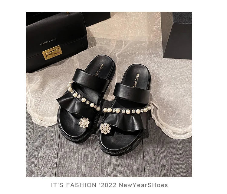 pearl rivets thick bottom women slippers crystal beading flip flops lace band platform sandalias mujer pearl slides big size 43