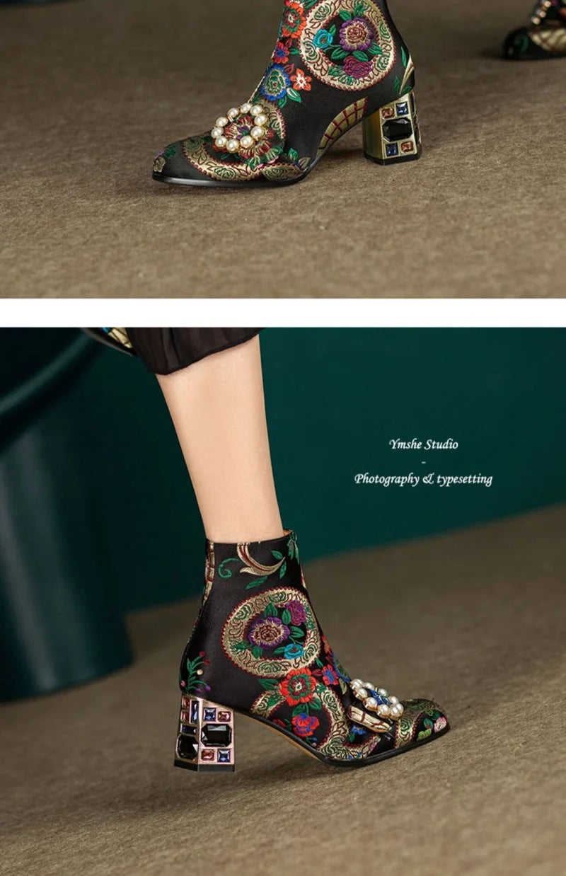 FHC New Chinese Style Women Ankle Boots,Fashion Embroidery Winter Shoes,High Heels Short Botas,Pointed Toe,Black,Yellow,Dropship