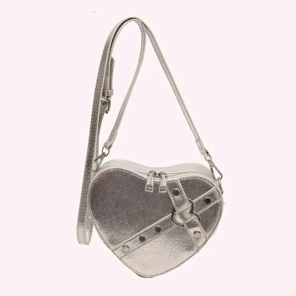 Vintage Y2K Small Chain Rivet Shoulder Bag Heart Shaped Purse Handbag Red PU Leather Gothic Tote Bag Fashion Women Crossbody Bag