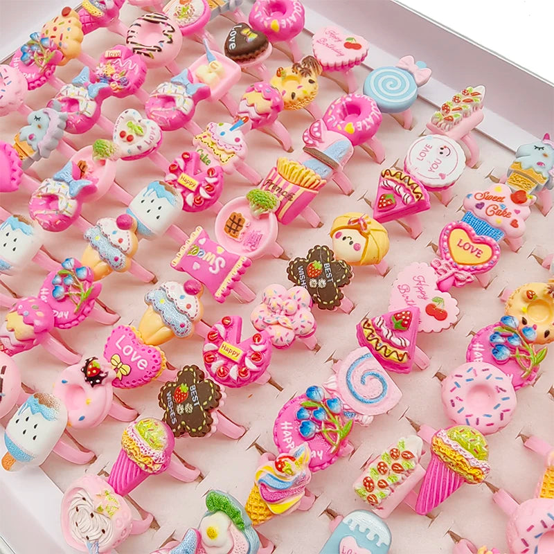 30/100pcs/Lot Wholesale New Cute Kids Finger Rings Party Pink Candy Ice Cream Donuts Cake Child Jewelry Open Adjust Gifts Girls