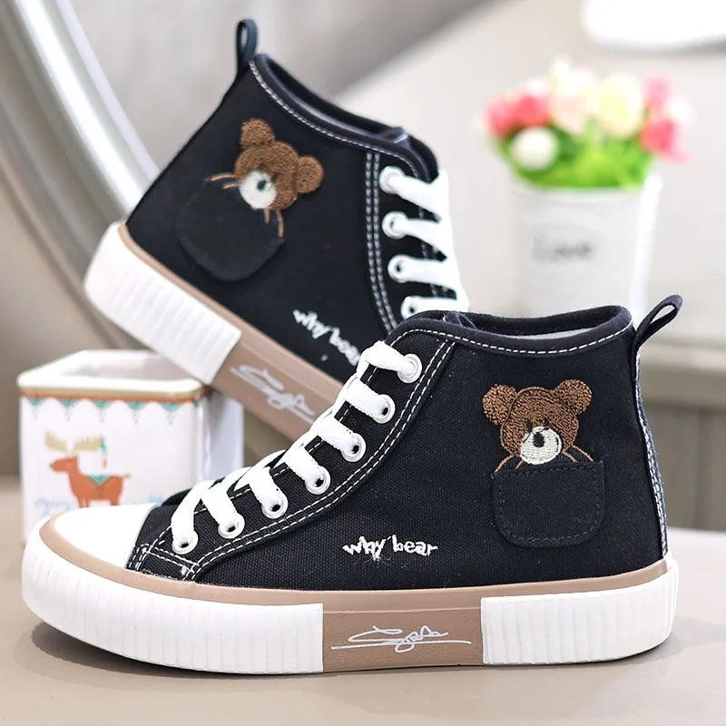 Comemore High-top Canvas Woman Vulcanized Shoes Flats Casual Espadrilles for Women Spring Lady Black White Bear Lace Up Sneakers