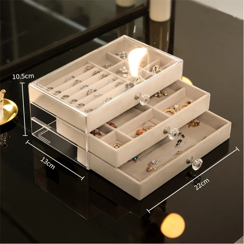 Three-layer Transparent Velvet Jewelry Drawer