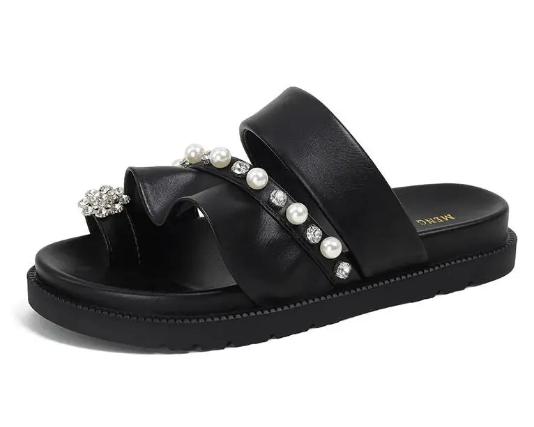 pearl rivets thick bottom women slippers crystal beading flip flops lace band platform sandalias mujer pearl slides big size 43