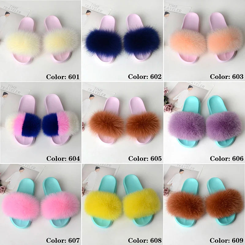 SARSALLYA Fur Slippers Women Real Fox Fur Slides Home Furry Flat Sandals Female Cute Fluffy House Shoes Woman Brand Luxury 2024