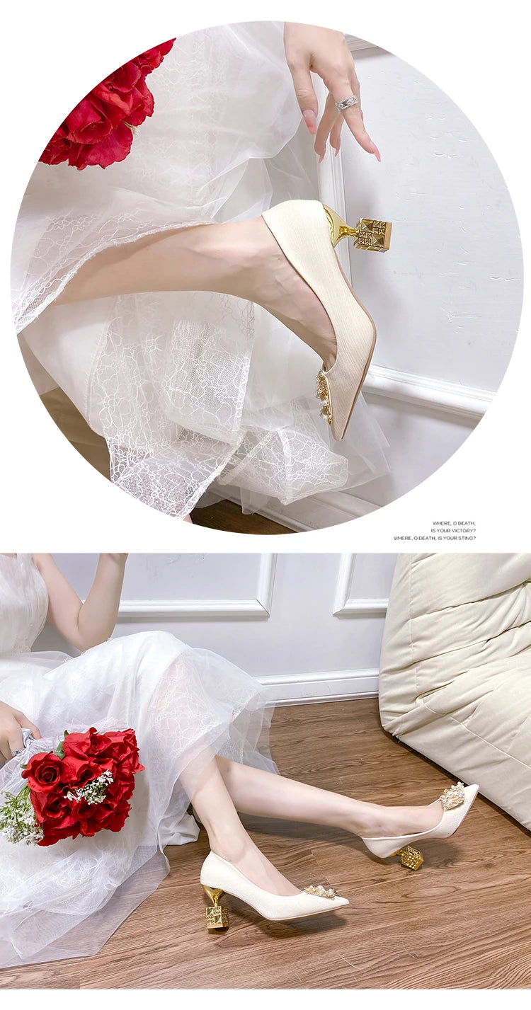 Autumn New Ladies High Heels Pointed Toe Shaped Heel High 5cm and 7cm Wedding Shoes Square Buckle Travel Banquet Shoe High Heels