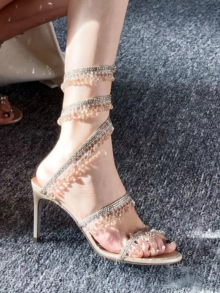 2025 Women's New Rhinestone Sandals Fashion Tassel Crystal Shoes Sexy Nightclub Banquet Party Twining Stiletto Women's Sandals